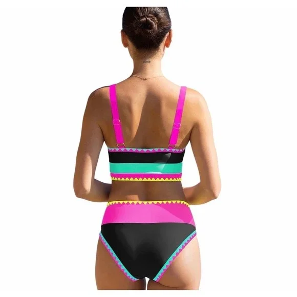 NWT Popvil High Waisted Tummy Control 3 Piece Neon Bikini Set – Medium - Picture 2 of 9